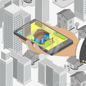 Real estate online searching isometric concept flat vector man smartphone looking house buying rent using 59294877
