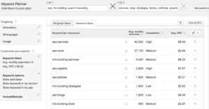 Keyword planner multiply lists results