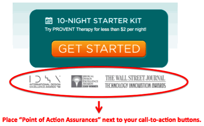 Point of action assurances with call to action buttons