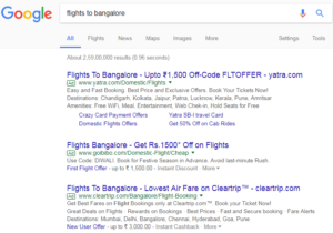 A text ad when a user is searching for ’flights to bangalore’ 1
