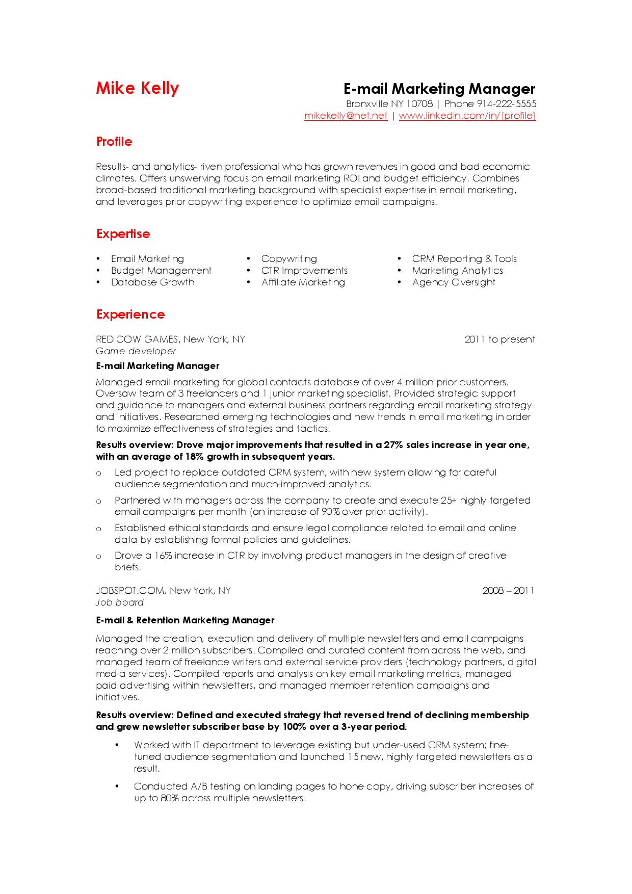 Email marketing resume sample