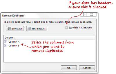 Clean data in excel remove duplicates select column