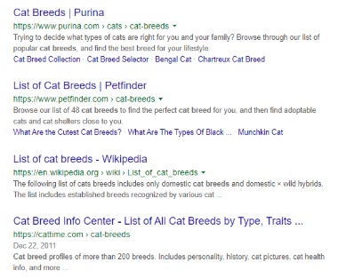 Google search for cat breeds